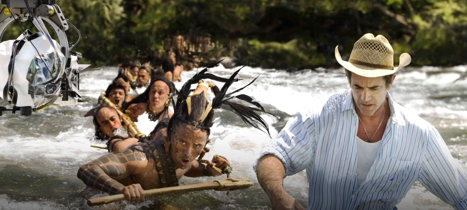 Behind-the-scenes photograph from the production of the 2006 historical adventure film Apocalypto, directed and co-written by Mel Gibson.